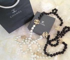 Handmade Designer Inspired Gold CC Black & White Pearl and Diamond Necklace 