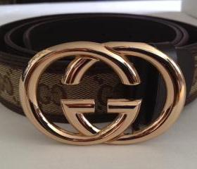 Vintage 80's Designer Gucci Inspired Gold Buckle Brown Tan GG Monogram Unisex Belt