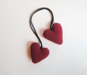 Plush Amigurumi Crochet Hanging Valentine Heart Stuffies in Maroon, ready to ship.
