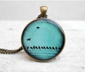 Teal Birds on Wire Necklace Nature Bird Pendant, in Flight, Wings