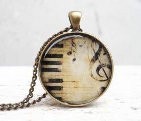 Musical Necklace Jewelry, Treble clef earrings in beige black, vintage piano