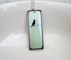 Bird Necklace Pendant in Mint and Black, Silhouette Pendant