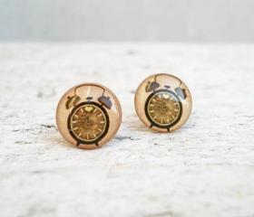 Clock Earrings Alarm Clock in Beige Brown-Green Ear Studs, Small Ear Posts Earrings