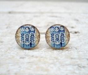 Blue Babushkas art earrings studs posts,Resin earrings, Russian folk doll