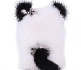 lovely panda With Ears and Tail soft fur Rhinestone case for iphone 4/4s