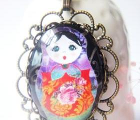 Handmade Gift Orange Matryoshka doll oval glass antique brass necklace
