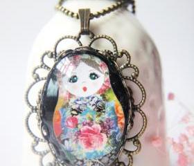 Floral pink rose russian doll girl oval glass antique brass necklace
