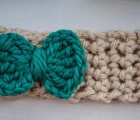 teal and cream bow crochet earwarmer