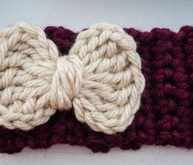 burgundy and cream bow crochet earwarmer