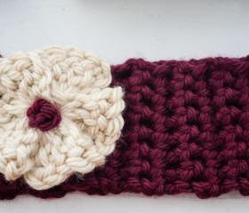 burgundy and cream flower crochet earwarmer