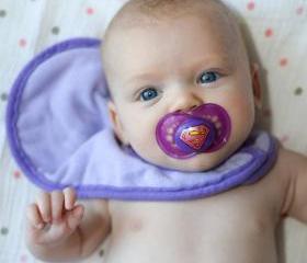 Super Baby on a Purple MAM size 6 month - Custom Hand Painted Pacifier