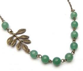 Antiqued Brass Leaf Green Jade Necklace