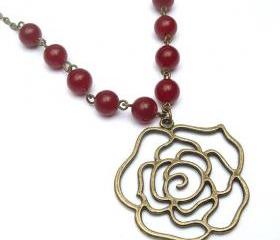 Antiqued Brass Flower Red Agate Necklace