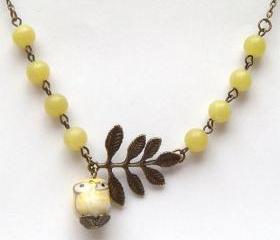 Antiqued Brass Leaf Lemon Jade Porcelain Owl Necklace