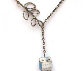 Antiqued Brass Leaf Porcelain Owl Necklace
