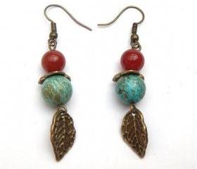 Antiqued Brass Leaf Turquoise Agate Earrings