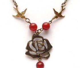 Antiqued Brass Flower Bird Red Agate Necklace