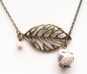 Antiqued Brass Leaf Porcelain Owl Necklace