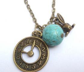 Antiqued Brass Clock Rabbit GreenTurquoise Necklace