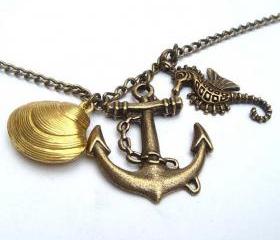 Antiqued Brass Seahorse Anchor Shell Necklace