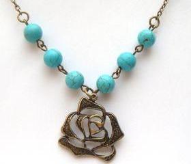 Antiqued Brass Flower Green Turquoise Necklace