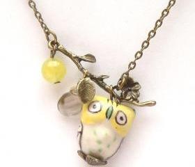 Antiqued Brass Leaf Quartz Jade Porcelain Owl Necklace