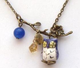 Antiqued Brass Leaf Blue Jade Quartz Porcelain Bird Necklace