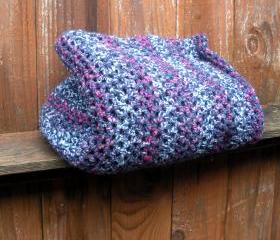 Toddler Afghan crochet blanket, kids blanket, lapghan, decorative throw in Denim Blue and Raspberry stripes, ready to ship.