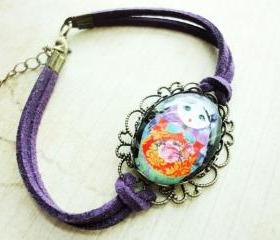 Matryoshka Russian Doll Oval Glass Purple Black Leather Suede Antique Bracelet 