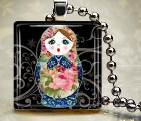 matryoshka doll girl peasant blue pink rose 1 inch glass tile necklace keychain