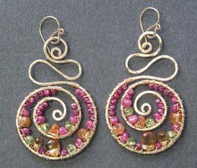 Luxe Bijoux 136 Hammered swirl earrings wrapped with ruby, citrine, mandarin garnet & peridot