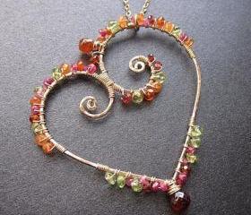 Necklace 167 Hammered heart wrapped with gemstones