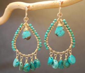 Aphrodite 55 Hammered drop hoops with turquoise