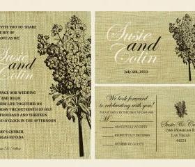 Cutom Budget Wedding Invitations//burlap floral wedding invitation //floral and birds on burlap background