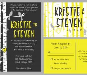50 Budget Wedding Invitations and matching RSVP //birch tree and birds in yellow and grey//can be customized