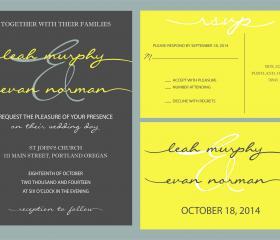 50 Budget Wedding Invitations and matching RSVP //Scripts in yellow and grey//can be customized//vintage, pretty