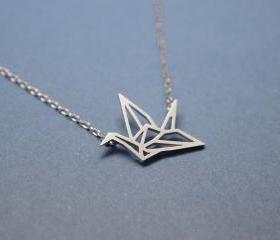Origami Crane Necklace in matte silver