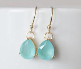 Mint glass drop gold plated earring