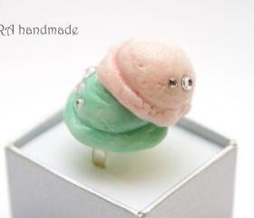 Kawaii pink and mint ice cream ring with rhinestones