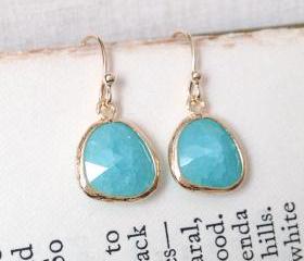 Mint green cracked glass gold framed earrings