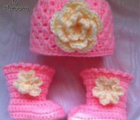  Infant Baby Girl Boots Booties and Shell Hat with Flower - Available in Newborn to 12 months - your choice color