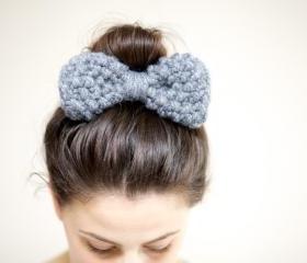 Hair Bow - Bow Hairband - Chunky Knit Bow Hairband - Slate Grey 