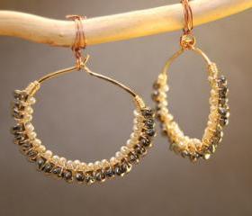 Cleopatra 105 Hammered dropped hoops wrapped with Black Spinel and Ivory Pearls