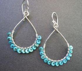 Aphrodite 39 Hammered drop hoop with turquoise heishi beads