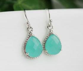 Wedding Jewelry Dangle Earrings Bridal Earrings Bridesmaid Earrings Mint Opal Sea Foam glass Pear Cut Earrings