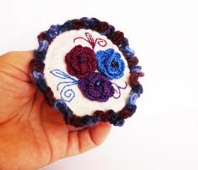 Felted crocheted brooch Eggplant blue burgundy roses Hand embroidery