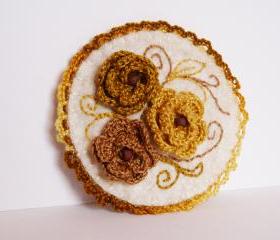 Embroidered brooch Brown mustard Crochet roses