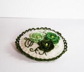 Felted crocheted brooch Green roses hand embroidery