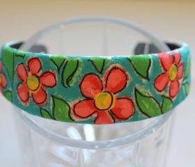 Flowers, Mondrian Inspired Hand Painted Headband, Bohemian, Gypsy, Upcycled, Trend
