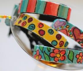 Friendship Bracelet, Hand Painted, 4 Stack Bracelets, Upcycled, tassel, beads, Boho, Gypsy, Hippie